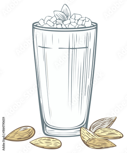 Almond milk in a glass with ice and almond seeds, vector illustration.