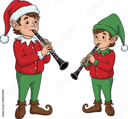 Christmas elf musicians playing clarinet cartoon illustration isolated on white background festive holiday characters vector art design clipart