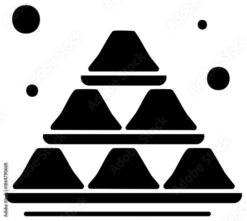 Stacked conical food portions arranged in pyramid shape with floating circles