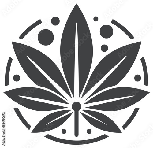 Stylized cannabis leaf emblem with decorative circle, dots, and line elements.