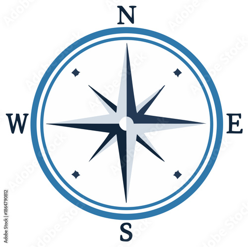 Blue and White Compass Rose with North South East West Directions