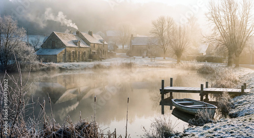 Fog Floating Over Village Pond on Winter Morning