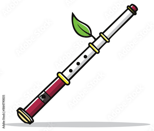 Colorful Traditional Musical Flute Instrument with Green Leaf Accent Vector Illustration
