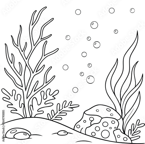 Underwater scene  with bubbles, rocks and coral reef coloring page for kids 