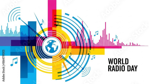 Vibrant world radio day graphic with colorful sound waves, musical notes, and a stylized globe on a white background, symbolizing global communication and broadcasting