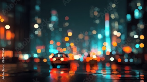Blur circles city nightlife side view urban mood 3D render Complementary Color Scheme flat design.