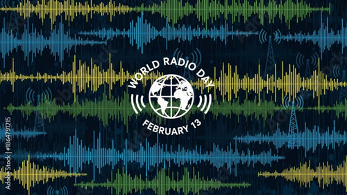 World radio day february 13 celebration with sound wave pattern and globe logo on dark background with radio broadcasting and global communication