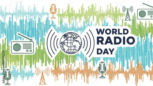 World radio day celebration with globe, microphones, radios and towers on colorful sound wave background with communication and broadcasting