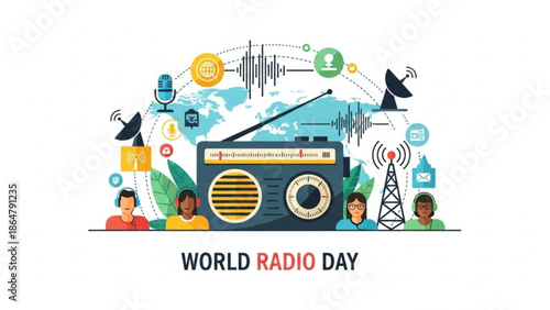 Vibrant world radio day illustration with diverse people, radio, and broadcasting symbols on a white background with communication and media