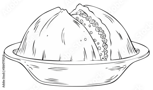 Hand drawn black and white illustration of a traditional Chinese steamed baozi bun split open in a bowl