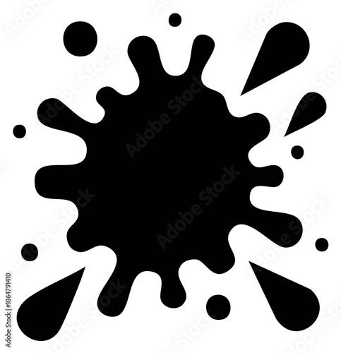 Black ink splatter vector icon. Dynamic paint splash graphic element with dripping drops.