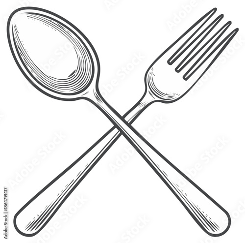 Crossed Fork and Spoon Cutlery in Engraved Style, Classic Dining Utensils, Simple Table Setting Elements
