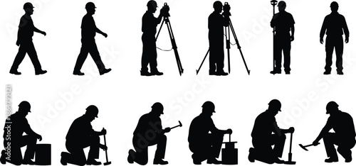 Construction worker silhouette set showing surveying, measuring, and manual labor activities, black vector illustration isolated on white background
