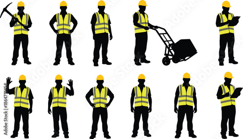 Construction worker silhouette set wearing safety helmets and reflective vests, various industrial labor poses, black vector illustration isolated on white background