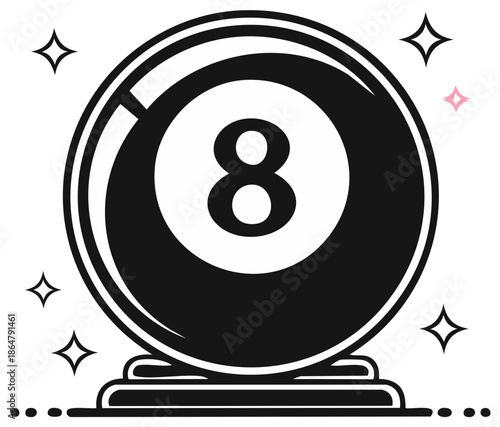 Stylized Eight Ball with Sparkles - Vector Illustration in Black and White