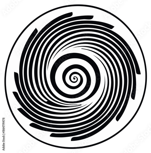Bold monochrome concentric spiral pattern with broken segments generating a visual distortion