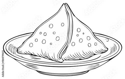 Hand Drawn Illustration of Two Samosas on a Plate with Simple Outline Style, Asian Cuisine