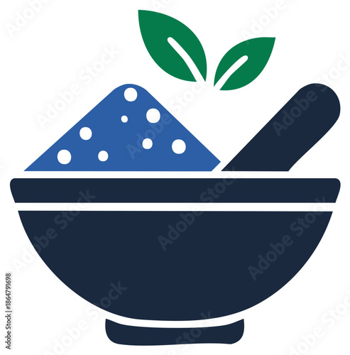 Mortar and Pestle Icon with Herbal Powder and Green Leaves for Natural Medicine
