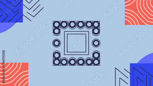 Flat illustration of geometric rhythm pattern with abstract shapes and lines on blue background