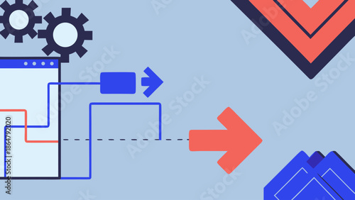 Flat illustration of abstract data flow with geometric shapes and arrows on blue background