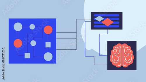 Flat illustration of artificial intelligence workflow with brain network and data processing