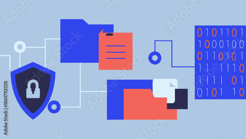Flat illustration of cybersecurity protection with shield and files, binary code on blue