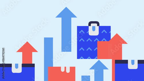Flat vector artwork of e commerce growth abstract with briefcases and arrows indicating