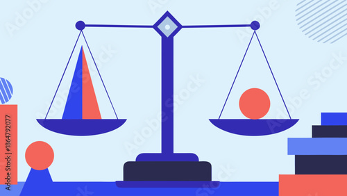 Flat vector artwork of a balance scale with geometric shapes floating on each side