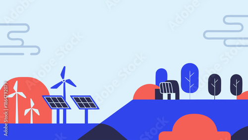 Flat vector artwork depicting a renewable energy landscape with wind turbines and solar panels