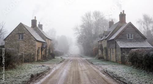 Empty Rural Village Road in Foggy Winter Morning