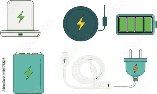 charging icons set illustration, battery power symbols wireless charger power bank cable plug, electric energy devices, modern technology charging elements vector