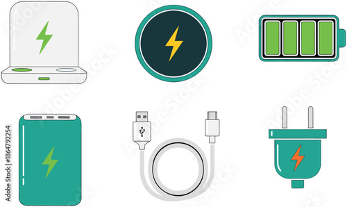 charging icons set illustration, battery power symbols wireless charger power bank cable plug, electric energy devices, technology charging elements, isolated white background vector