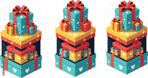 colorful gift boxes set, festive present packaging illustration, birthday celebration surprise boxes, holiday decoration concept, stacked wrapped gifts, isolated white background vector