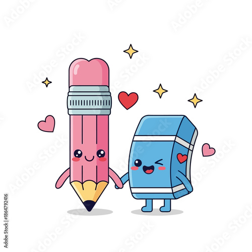 Playful vector graphic illustrating cute anthropomorphic pencil and eraser holding hands, surrounded by hearts and stars, symbolizing companionship.
