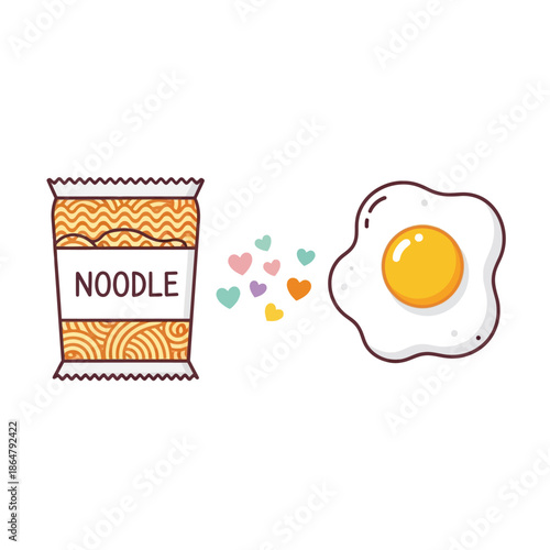 Cute digital illustration of an instant noodle package and a sunny side up fried egg, playfully connected by colorful floating hearts, symbolizing a simple culinary delight.