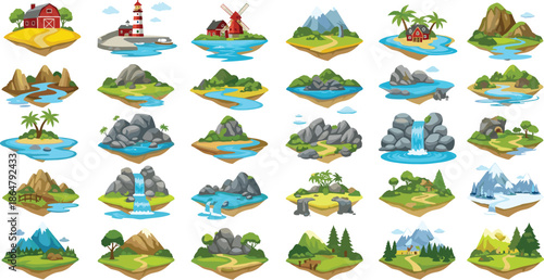 fantasy floating islands landscape set, nature terrain icons with rivers mountains forests waterfalls, cartoon game map elements, isolated white background vector