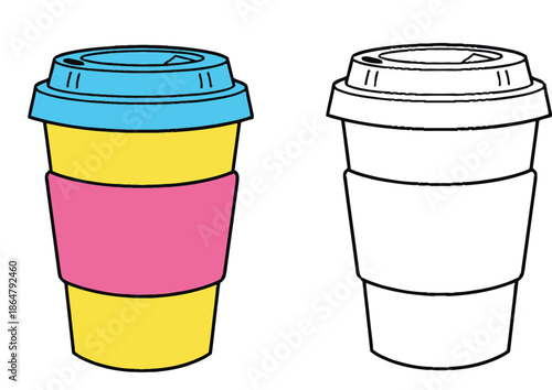 Hand drawn vector illustration of a takeaway coffee cup set featuring a colorful version and a black and white outline for coloring pages.