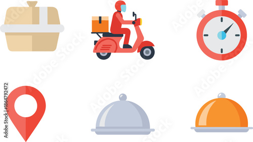 food delivery service icons set, courier scooter package stopwatch location pin, restaurant cloche symbols, fast shipping logistics, mobile app illustration vector