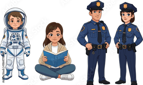 kids dream careers illustration, astronaut child student reading book police officers, education profession concept, childhood aspirations characters, isolated white background vector