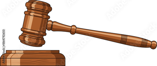 wooden judge gavel illustration, justice law symbol, courtroom legal authority concept, auction hammer icon, isolated white background, vector design, graphic, emblem, judiciary, trial, verdict, court
