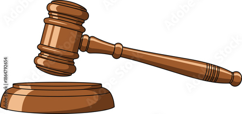 wooden judge gavel illustration, justice law symbol, courtroom legal authority concept, auction hammer icon, isolated white background, vector design, graphic