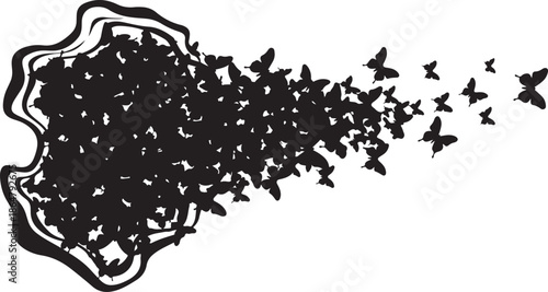 Butterfly Swarm Silhouette – Elegant Flying Butterflies Black Vector on White.