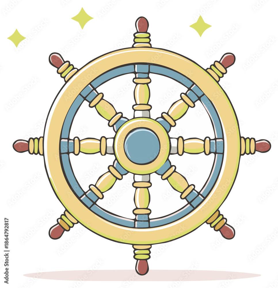Obraz premium Cartoon Ship Helm Nautical Vector Illustration for Sailing and Navigation