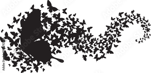 Butterfly Swarm Silhouette – Elegant Flying Butterflies Black Vector on White.