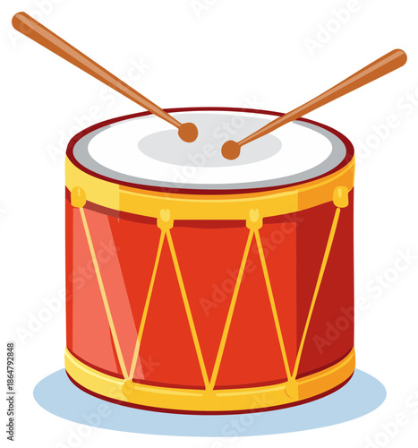 Red Drum with Wooden Drumsticks Illustration Drumming Instrument Musical Percussion