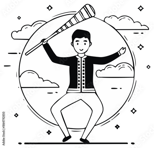 Whimsical character holding a spyglass, exploring and dreaming among stars and clouds