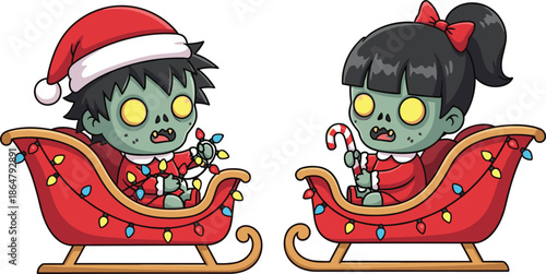 Cute cartoon zombie Christmas characters riding festive Santa sleigh with candy canes, holiday vector illustration isolated on white background