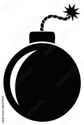Classic black silhouette of an old round bomb with a lit sparking fuse representing danger and urgency