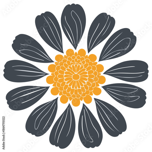 Stylized abstract flower design with orange center and dark gray petals