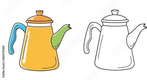 Cartoon yellow teapot and black and white outline vector illustration. Kitchen kettle coloring page isolated on white background.
